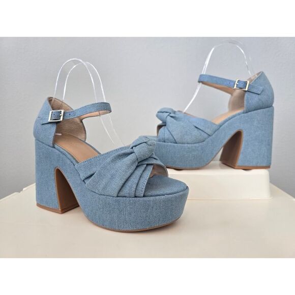 Copper Key Picnic Denim Platform Heels Size 8 Y2K Chunky Block Sandals Retro 90s - Picture 1 of 9